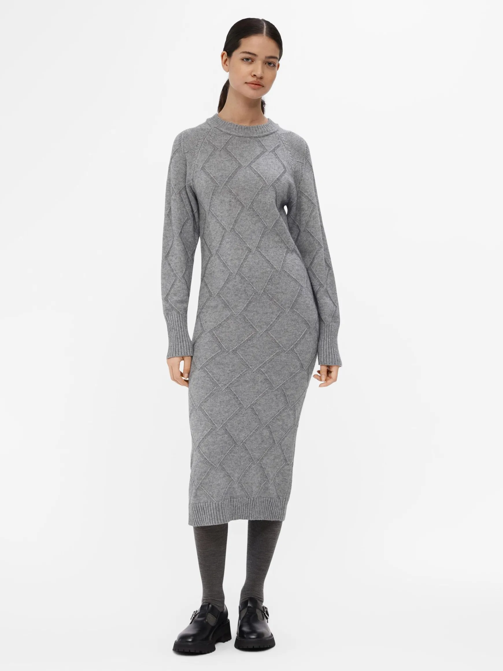 OBJECT Klänningar*LÅNGÄRMAD STICKAD KLÄNNING Medium Grey Melange