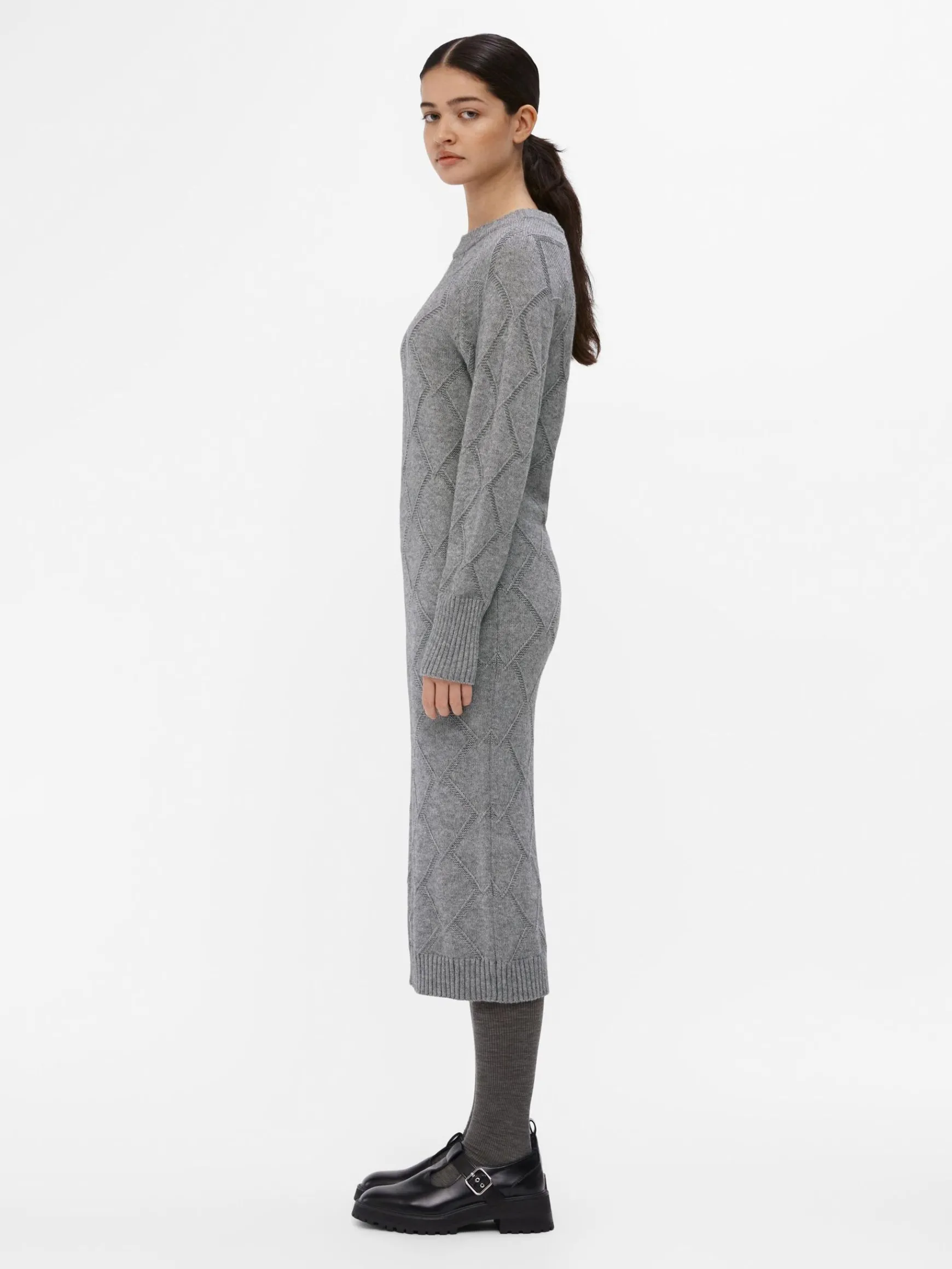 OBJECT Klänningar*LÅNGÄRMAD STICKAD KLÄNNING Medium Grey Melange