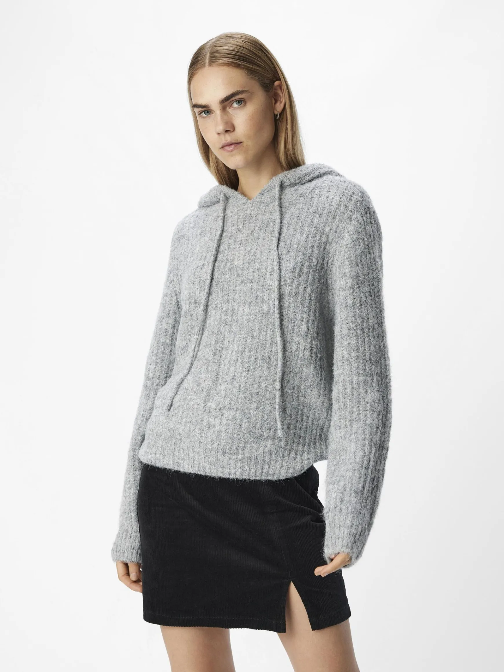 OBJECT Toppar|Stickat*STICKAD HOODIE Light Grey Melange