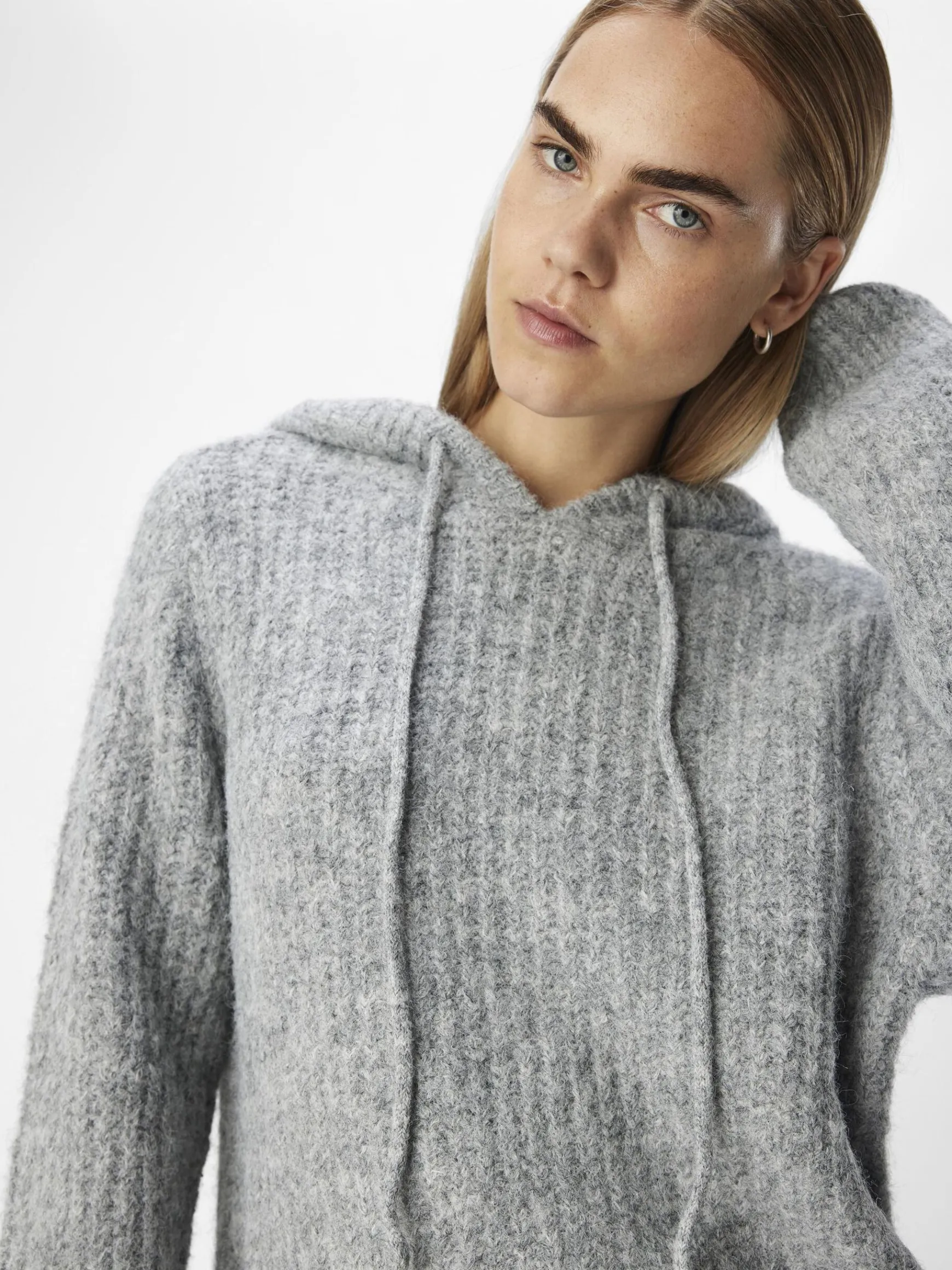 OBJECT Toppar|Stickat*STICKAD HOODIE Light Grey Melange